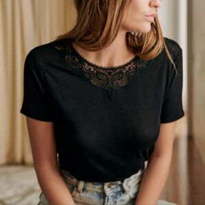 Sézane - Mina T-Shirt - Black Linen Embroidered Neckline
